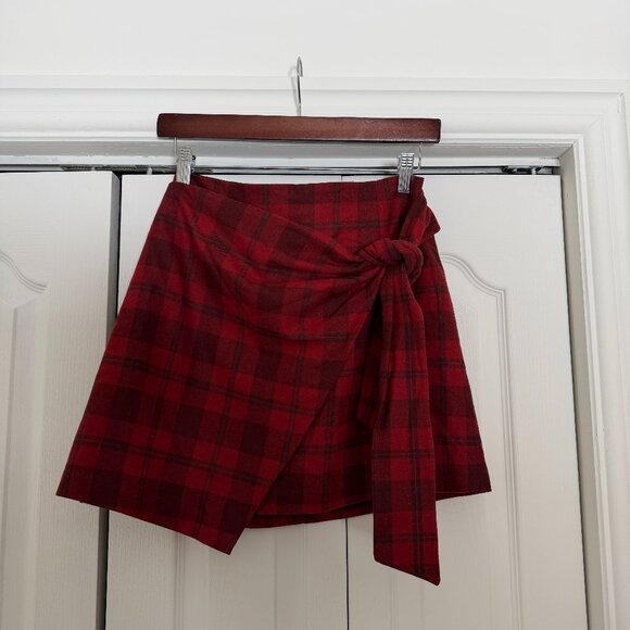 Aritzia Dresses & Skirts - Red Plaid Wool Wrap Skirt – High-Waisted Mini Skirt